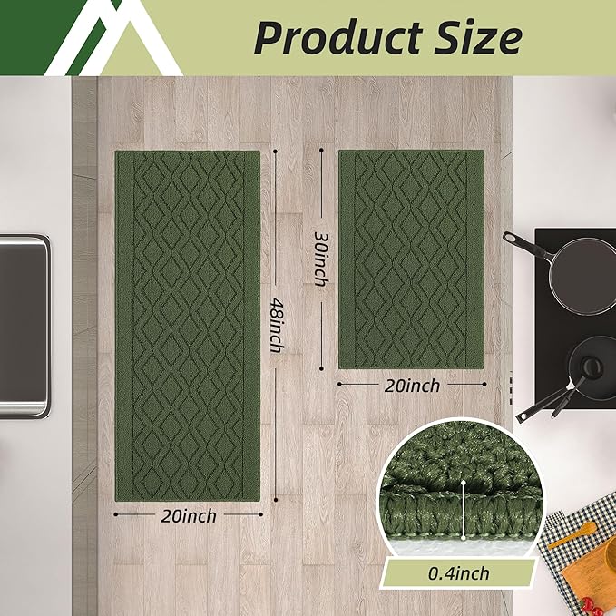 COSY HOMEER 48x20 Inch/30X20 Inch Kitchen Rug Mats Made of 100% Polypropylene 2 Pieces Soft Kitchen Mat Specialized in Anti Slippery and Machine Washable for Home Kitchen,Green