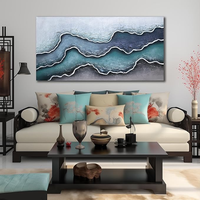 Blue and White Oil Painting Wall Art for Bedroom Beach Canvas Wall Art for Office Extra Large Wall Decor for Living Room Size 36 x 72 Inch