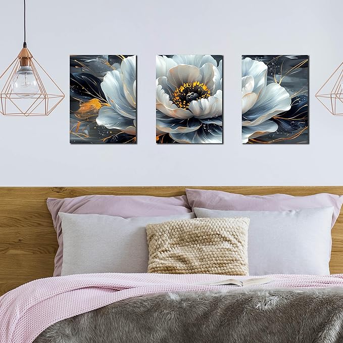 Flower Pictures Wall Art for Living Room - Modern Office Artwork Wall Decor - Black and White Canvas Wall Art for Bedroom Size 12" x 16" x 3 Pieces
