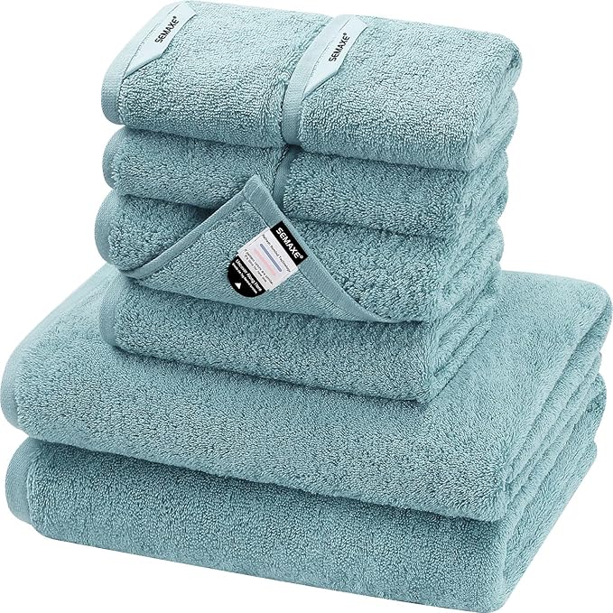 SEMAXE Bath Towel Set, 100% Cotton Bathroom Towels with Hanging Loops and Nano-Bio Lifecycle Labels, 8 Piece Towel Set Include 2 Bath Towels, 2 Hand Towels, 4 Washcloths, Blue