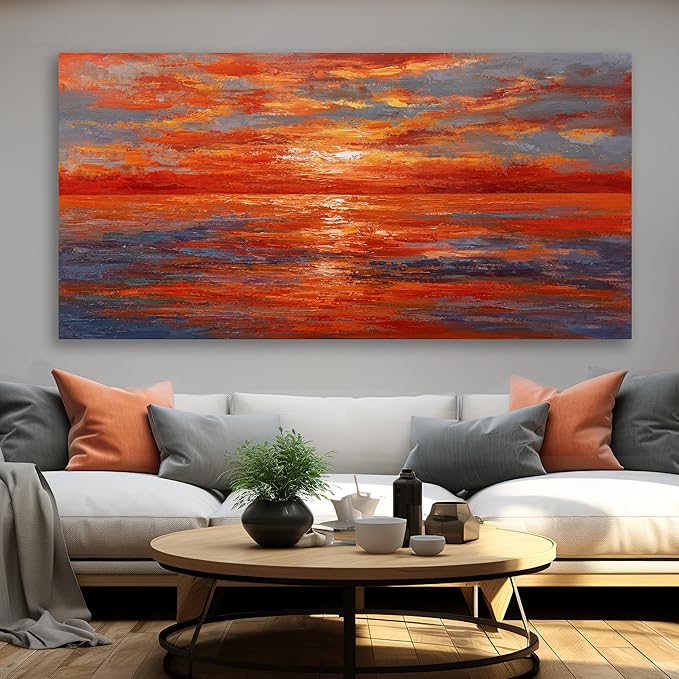 Red Sunset Ocean Abstract Wall Art Canvas Print Wall Decor Landscape Painting Framed Beach Artwork for Living Room Bedroom Office Farmhouse Bar Home Decor 24"x48"