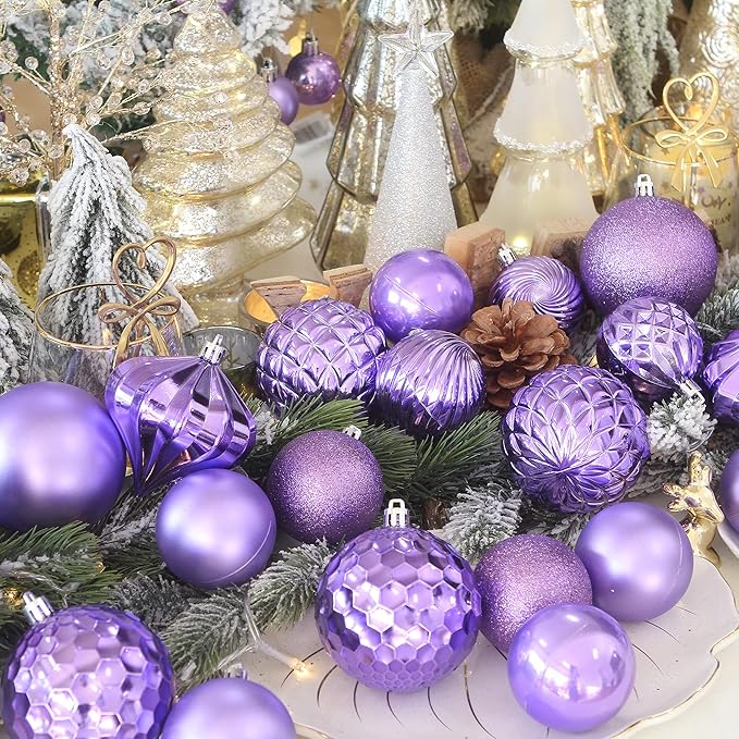 Sea Team 41-Pack Christmas Ball Ornaments with Strings, 60mm/2.36-Inch Medium Size Baubles, Shatterproof Plastic Christmas Bulbs, Hanging Decorations for Xmas Tree, Holiday, Wedding, Party, Lavender