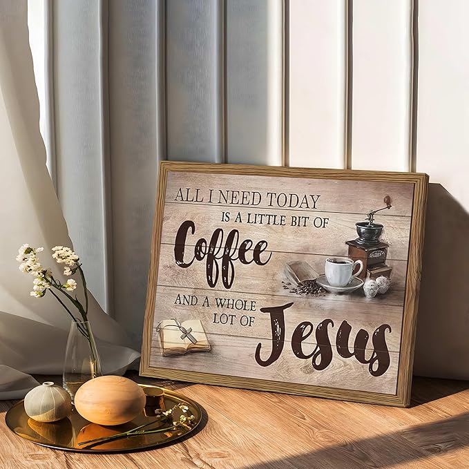 Wood Framed Christian Kitchen Wall Art, All I Need Today Coffee & Jesus Canvas Wall Decor Paintings, Coffee Motivational Posters Prints Pictures for Kitchen Bedroom Dining Room 12x16 Inch