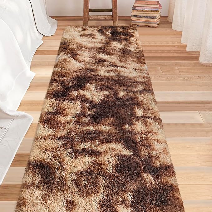 Super Soft Fluffy Living Room Area Rug 2x8 ft Tie-Dyed Brown Shaggy Furry Carpet Washable Non-Slip Floor Rugs Bedroom Bedside Nursery Rug Fuzzy Girls Boy Dorm Home Decor Aesthetic
