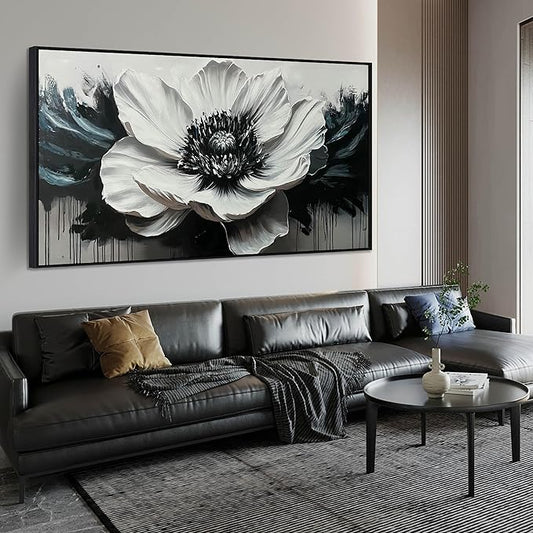 Flower Canvas Art Wall Decor for Living Room - Black and White Hand Painted Painting for Bedroom - Large Picture Frames for Wall Size 29" x 59"