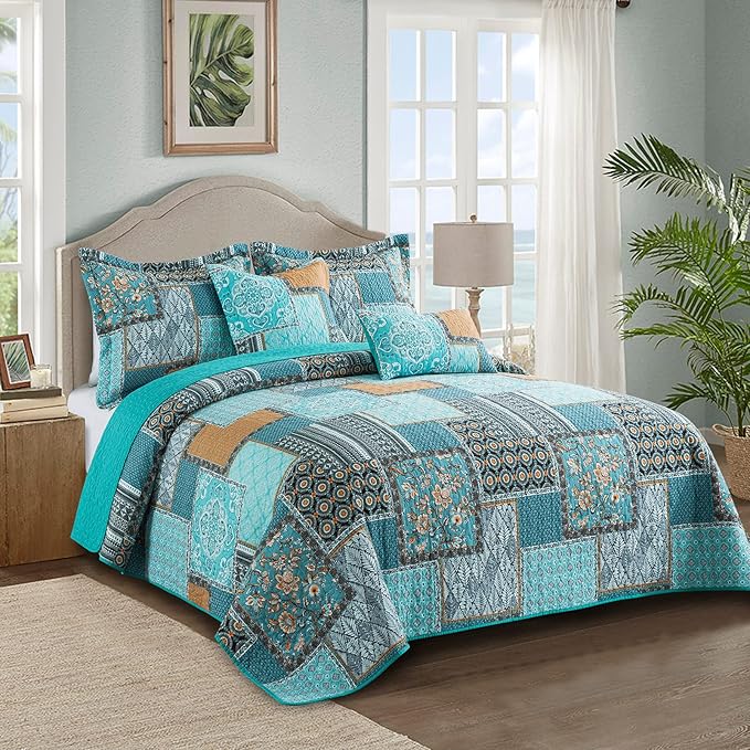 VAPUTAR King Size Quilt Bedding Set - Soft Cotton King Size Bedspreads (98 * 106 in) - Lightweight Patchwork Floral Quilts for Farmhouse Bedroom (Teal/Green Chic, 3 Pieces)