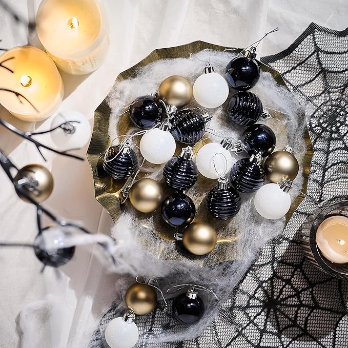 Valery Madelyn 1.57 Inches Small Christmas Tree Decorations Ornament Set for 4th of July Fall Halloween, 24ct Black White Gold Shatterproof Hanging Ball Ornaments Holiday Party Decor