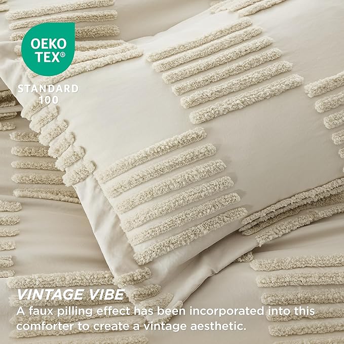 Bedsure Queen Size Comforter Set Linen, Boho Tufted Bed Set, Grande Checkered Farmhouse Shabby Chic Bedding, 3 Pieces, 1 Plaid Geometric Comforter and 2 Pillow Shams