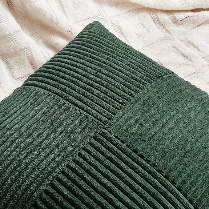 Fancy Homi Set of 4 Dark Green Boho Decorative Throw Pillow Covers 18x18 Inch for Living Room Couch Bed, Modern Farmhouse Forest Green Home Decor, Soft Textured Corduroy Cross Patchwork Cushion Case
