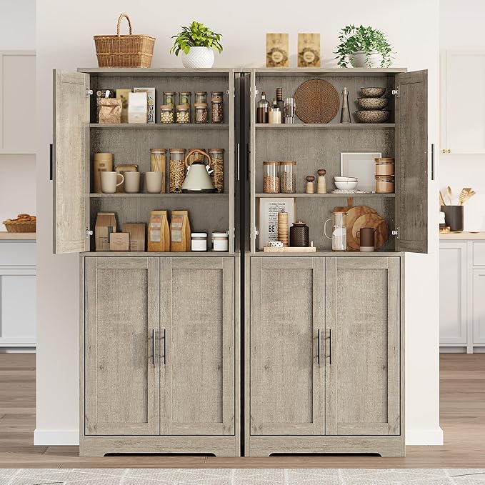 GarveeHome 70 Inch Tall Kitchen Pantry Cabinet, Freestanding Storage Cabinet with 4 Doors and Adjustable Shelves, Utility Hutch Cupboard for Dining Room, Bathroom, Living Room (Style A, Gray)