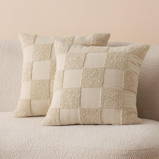 Double Stitch 100% Cotton Throw Pillow Covers - Set of 2 Checkered Tufted Boho Decorative Pillow Covers 20x20, Made in India, Square Cushion Case, Modern Home Decor for Couch, Sofa, Living Room, Oat