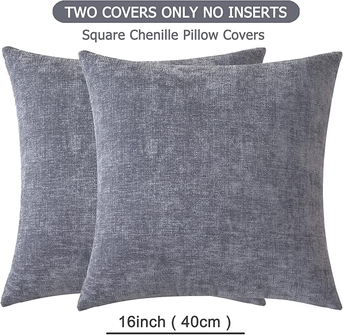 GAWAMAY Decorative Throw Pillow Covers 16x16 Inch Set of 2, Super Soft Chenille Square Pillows Farmhouse Fall Pillowcase for Living Room Bedroom Sofa Couch Cushion Cover Grey 40x40cm (No Insert)