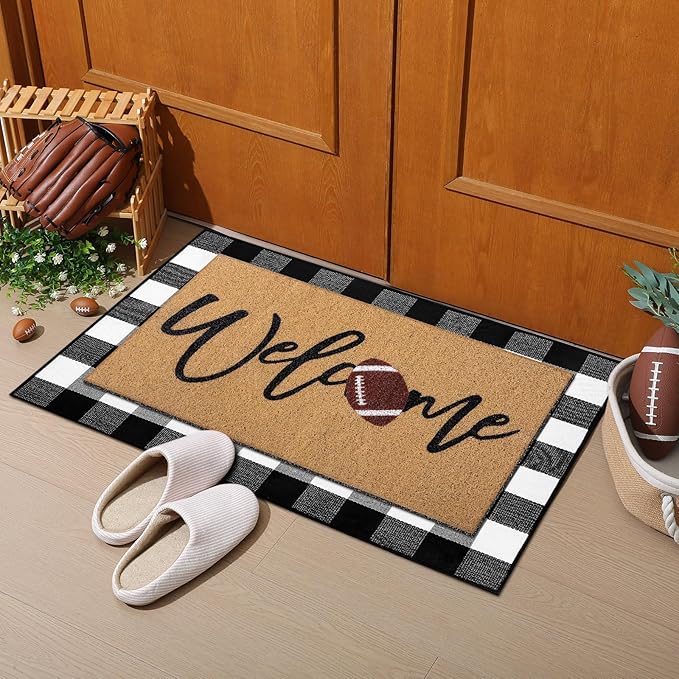 2 Pcs Football Door Mat Welcome Non Slip Coir Mats Funny Black White Buffalo Plaid Floor Layering Doormats Seasonal for Front Porch Entryway Decor(Football)