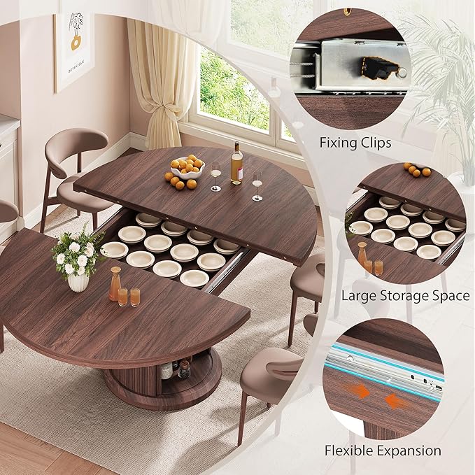 Dining Table for 4-6,63“Extendable Round Kitchen Dining Room Table with 2-Tier Storage Shelf, Space Saving Expandable Wood Oval Circle Dinner Furniture with Pedestal Base (Brown)
