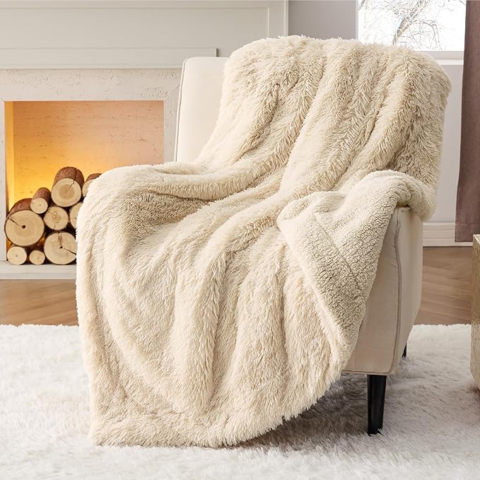 Bedsure GentleSoft Fuzzy Sherpa Faux Fur Blanket Beige Cozy Gifts for Women Men, Soft Fleece Plush Warm Minky Thick Blanket Twin Size for Couch, Room Decor Dorm Bed Essentials Beige Decor, 60x80