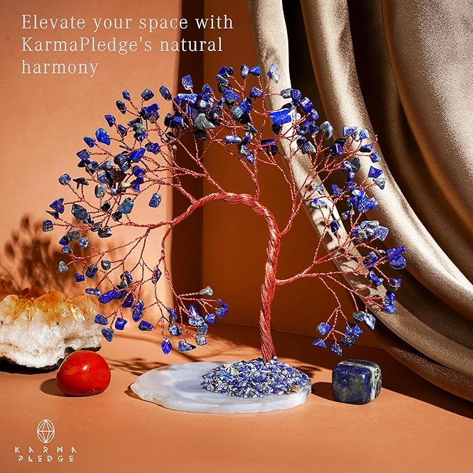 Lapis Lazuli Healing Crystal Tree of Life for Home and Office Decor, Positive Energy, Wealth, Good Luck, Reiki Healing Crystals and Stones, Handmade Feng Shui Decoration, Birthday Gifts for Women