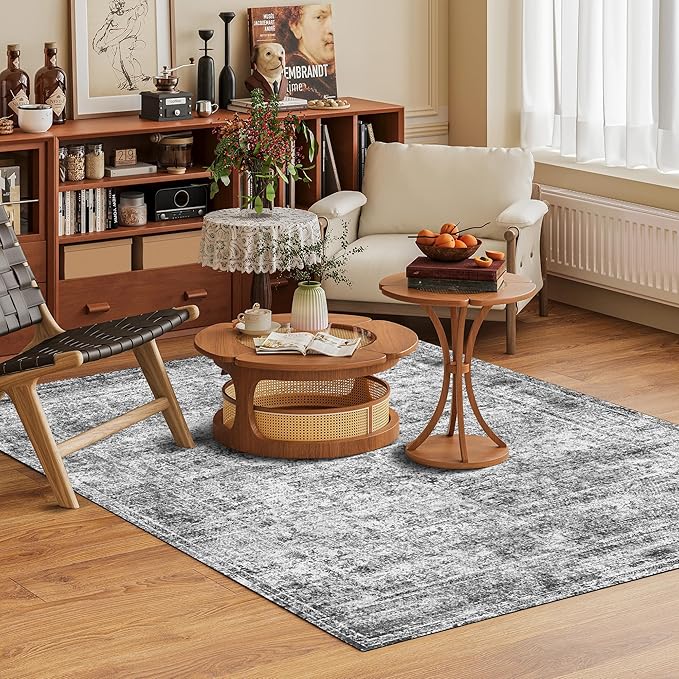 Washable Area Rug 9' x 12' Vintage Traditional Persian Mat - Foldable Distressed Non-Slip Machine Washable Carpet for Living Room Bedroom Kitchen Home Decor - Graphite and Mist