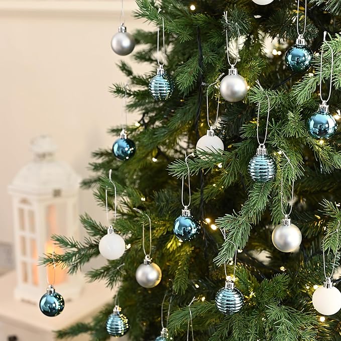 Valery Madelyn 1.57 Inches Small Christmas Tree Decorations Ornament Set for 4th of July Fall Halloween, 24ct Light Blue and Silver Shatterproof Hanging Ball Ornaments Holiday Party Decor