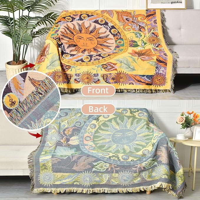 Boho Throw Blanket Reversible Cotton Bohemian Tapestry Hippie Room Decor Outdoor Blanket Double Sided (National Sun Pattern Yellow 50"x60")