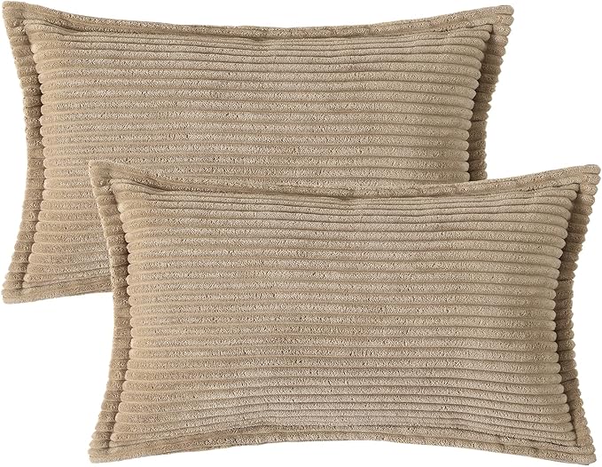 Mecatny Corduroy Throw Pillow Covers 12x20 Set of 2, Neutral Decorative Soft Boho Lumbar Couch Pillow Covers with Broadside for Sofa Living Room, Khaki