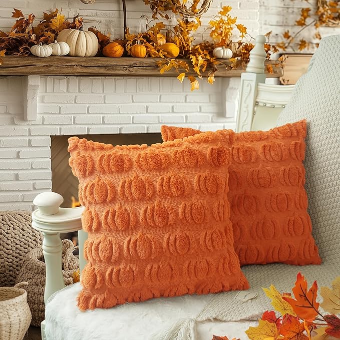 GEEORY Fall Pumpkins Soft Plush Pillow Covers, 20 x 20 Inch Set of 2, Fluffy Faux Fur Wool Decorative Farmhouse Cushion Case for Sofa Home Decoration Orange GC018-20