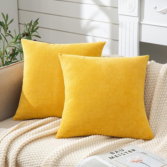 GAWAMAY Decorative Throw Pillow Covers 16x16 Inch Set of 2, Super Soft Chenille Square Pillows Farmhouse Fall Pillowcase for Living Room Bedroom Sofa Couch Cushion Cover Mustard Yellow 40x40cm