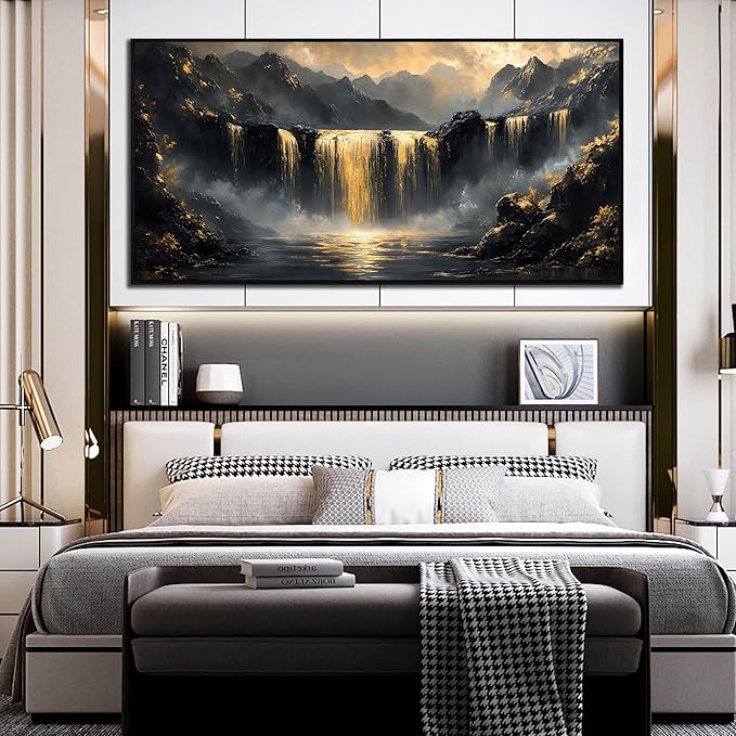 Waterfall Artwork for Wall Living Room - Mountain Pictures Wall Decor for Office - Large Black Framed Wall Art for Bedroom Size 29" x 59"