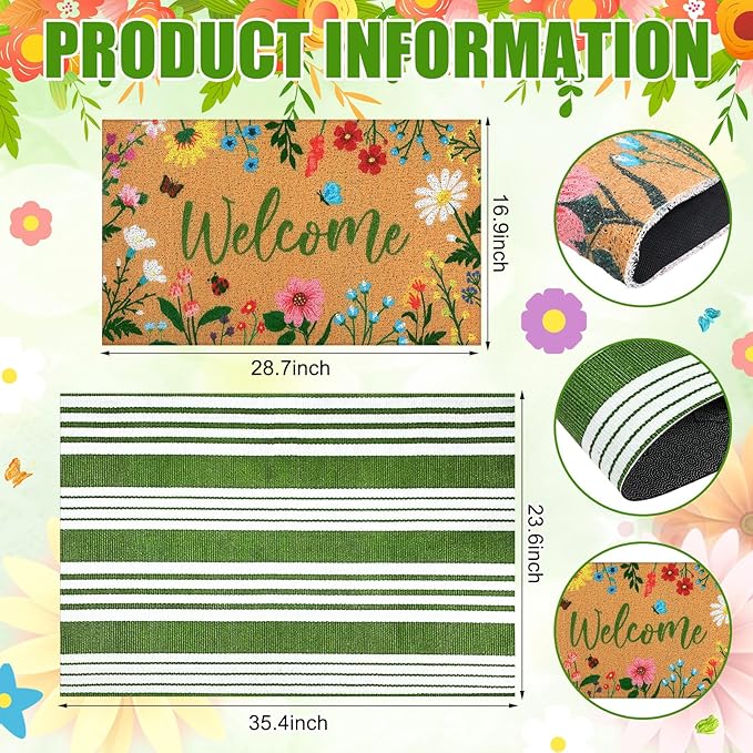 2 Pcs Floral Welcome Doormat Flower Outdoor Welcome Mats for Front Door Non Slip Wildflower Coir Floor Mat Green White Stripe Layering Rug for Outside Front Porch Entryway Decor