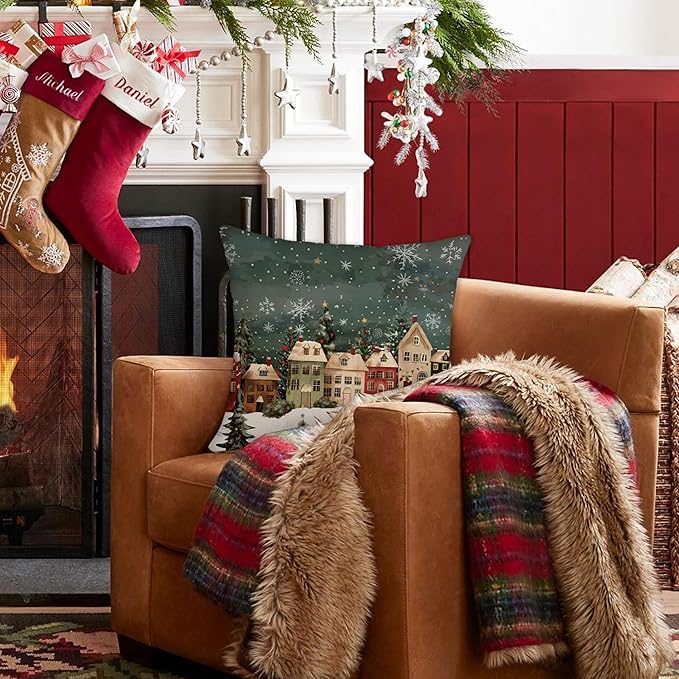 Winter Decorative Rectangle Pillow Cover 20 x 20, Wonderland Forest House Snowflake Vintage Porch Outdoor Pillowcase, Christmas Holiday Seasonal Farmhouse Cushion Case Home Decor