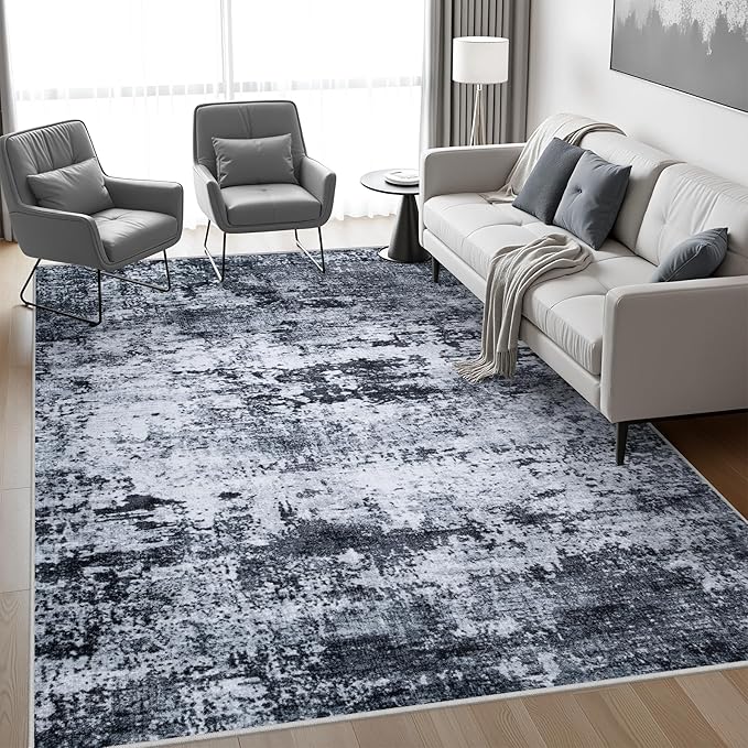 6x9 Area Rug Living Room Rug: Washable Modern Abstract Soft Thin Rug Indoor Floor No Slip Stain Resistant Carpet for Bedroom Dining Room Farmhouse Nursery Home Office - Black