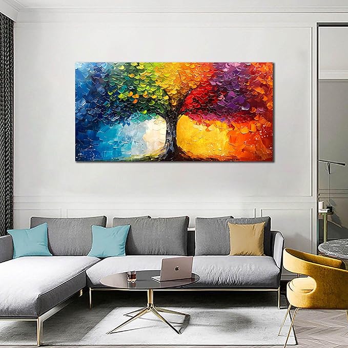 Large Tree Pictures for Living Room - Modern Canvas Wall Art for Office - Colorful Wall Decor for Girls Bedroom Size 29" x 59"