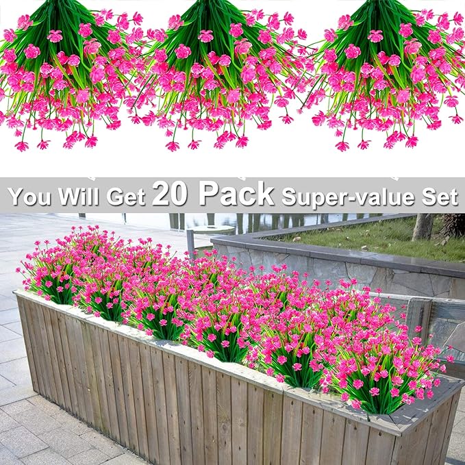 TURNMEON 20 Bundles Artificial Flowers for Outdoors Fake Plants Summer Decor, UV Resistant Artificial Plants Cemetery Fake Flowers Faux Plastic Greenery Shrub for Home Porch Yard Decor 580 Heads(Pink)