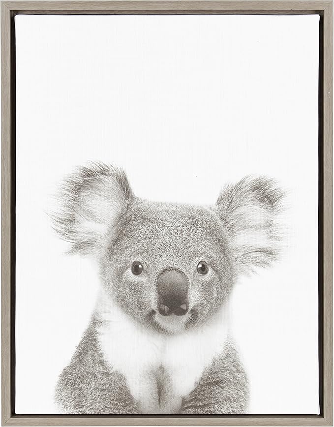 Kate and Laurel Sylvie Koala Black and White Portrait Framed Canvas Wall Art by Simon Te Tai, 18x24 Gray
