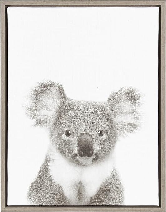 Kate and Laurel Sylvie Koala Black and White Portrait Framed Canvas Wall Art by Simon Te Tai, 18x24 Gray
