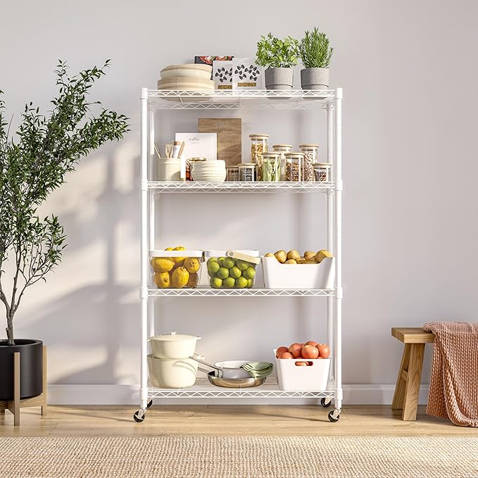 Seville Classics Solid Steel Wire Shelving Storage Unit Adjustable Shelves Organizer Rack, for Home, Kitchen, Office, Garage, Bedroom, Closet, White, 4-Tier, 36" W x 14" D
