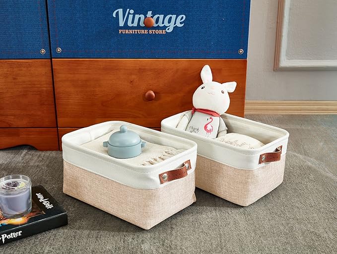 DECOMOMO Small Storage Basket, Closet Storage Bins, Baskets for Organizing Shelves (Beige & White, Small - 6 Pack)