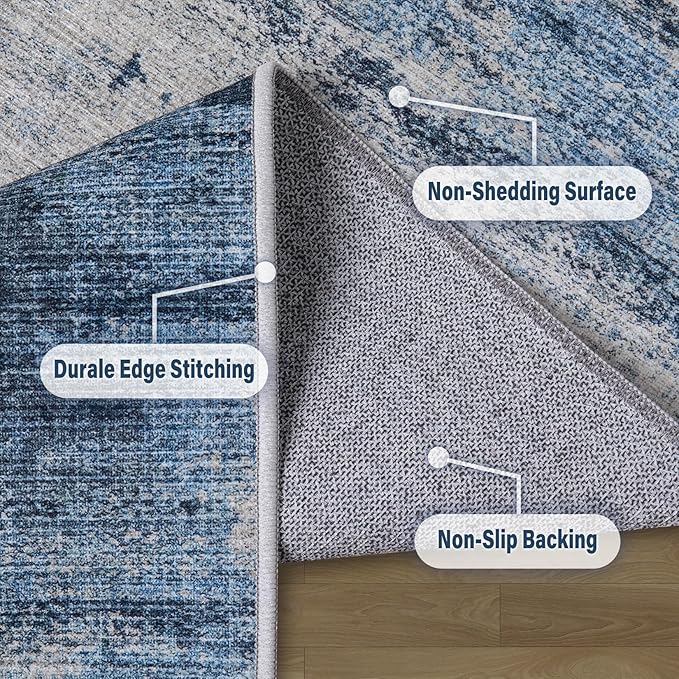 Area Rug Living Room Rugs: 6x9 Rug for Bedroom Machine Washable with Non Slip Backing Non Shedding Abstract Stain Resistant Large Carpet for Dining Room Nursery Home Office - Beige/Blue