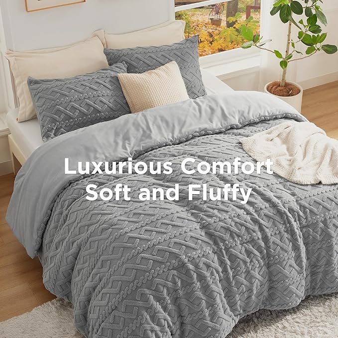 Bedsure Queen Fluffy Comforter Set, Grey Plush Fleece Bed Set, Luxury Jacquard Farmhouse Boho Soft Warm Bedding for Winter, 3 Pieces, 1 Comforter (90"x90") and 2 Pillowcases (20"x26")