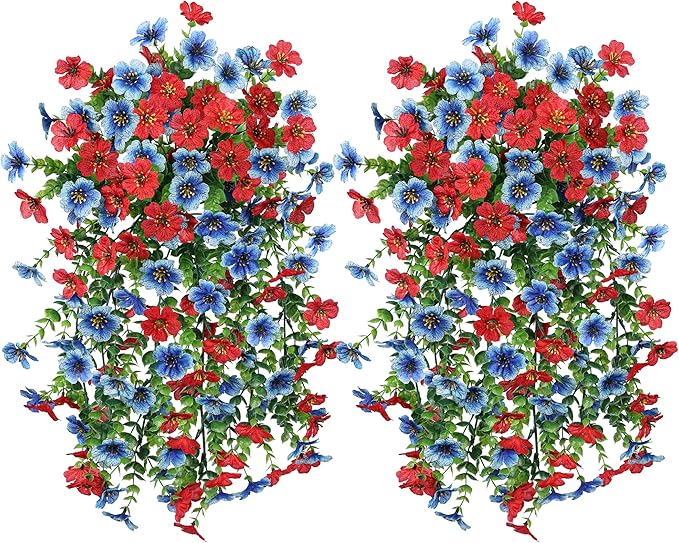 INSPRING Artificial Faux Hanging Flowers Plants for Spring Outdoor Outside Decoration, 2 PCS Fake Silk Daisy with Eucalyptus UV Resistant Realistic Trailing Vines for Balcony Patio Porch (BlueRed)