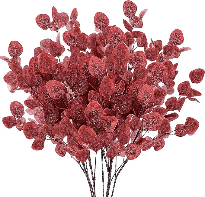 Sggvecsy Artificial Eucalyptus Leaves, 6 Pieces, 35.43 Inch Long, Red Color, Plastic and Silk Material, Easy to Bend and Adjust