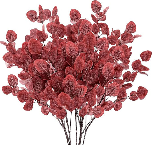Sggvecsy Artificial Eucalyptus Leaves, 6 Pieces, 35.43 Inch Long, Red Color, Plastic and Silk Material, Easy to Bend and Adjust