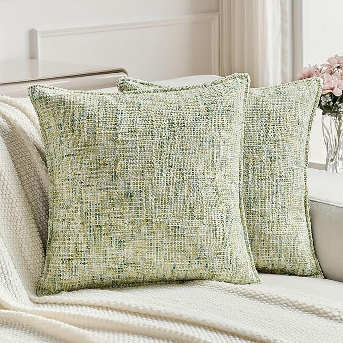 FUTEI Green Decorative Throw Pillow Covers 18x18 Inch Set of 2,Soft Chenille Tweed Textured Cushion Case,Modern Home Decor for Couch Bed Living Room