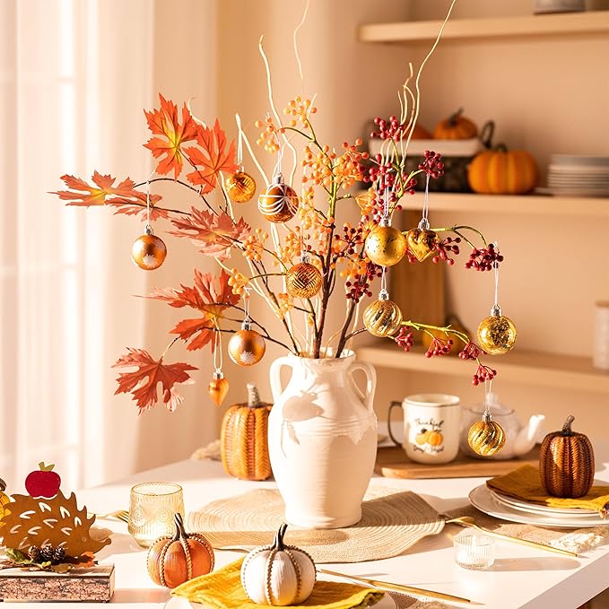 Valery Madelyn 28Pcs Fall Heart Shaped Ornaments Gift Pack, Thanksgiving Autumn Craft Painted Tree Heart Decorations, Orange Christmas Baubles Hanging Harvest Halloween Holiday Decor