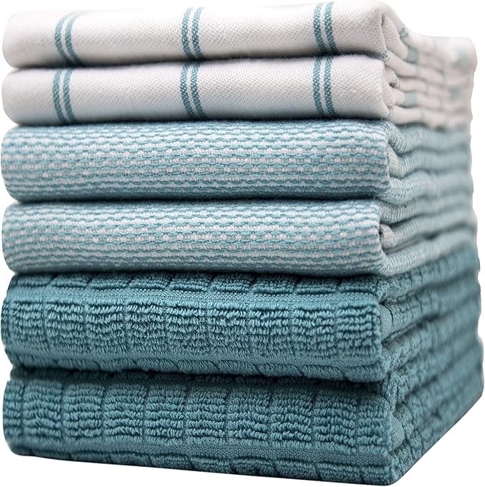 Premium Kitchen Towels (20”x 28”, 6 Pack) – Large Cotton Kitchen Hand Towels – Flat & Terry Towel – Highly Absorbent Tea Towels Set with Hanging Loop (Teal Check)