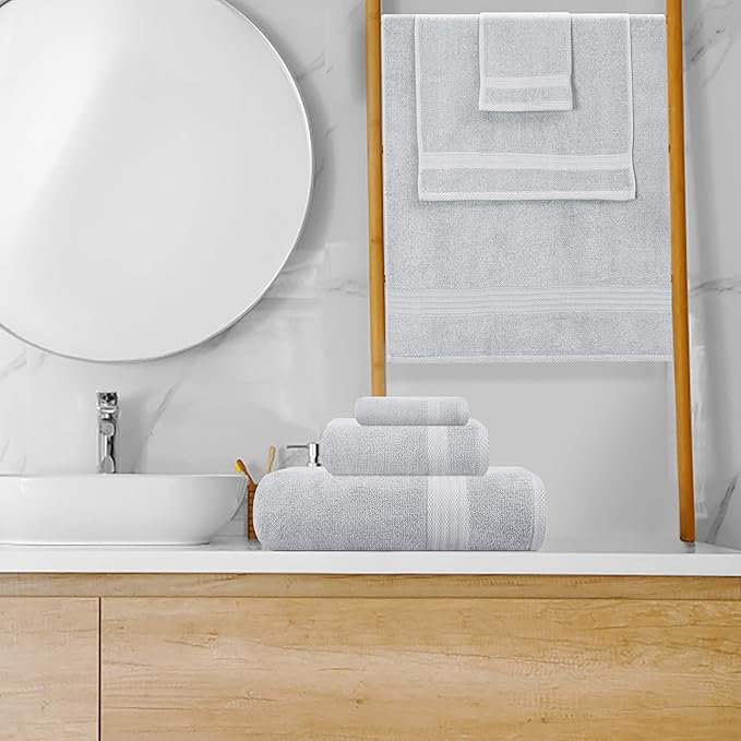 GLAMBURG Ultra Soft 8 Piece Towel Set - 100% Pure Ring Spun Cotton, Contains 2 Oversized Bath Towels 27x54, 2 Hand Towels 16x28, 4 Wash Cloths 13x13 - Ideal for Everyday use, Hotel & Spa - Light Grey