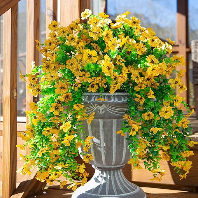 Artificial Hanging Flowers for Outdoors Decoration, 2pcs Fake Daisy with Eucalyptus Leaves for Garden Yard Porch (Yellow)