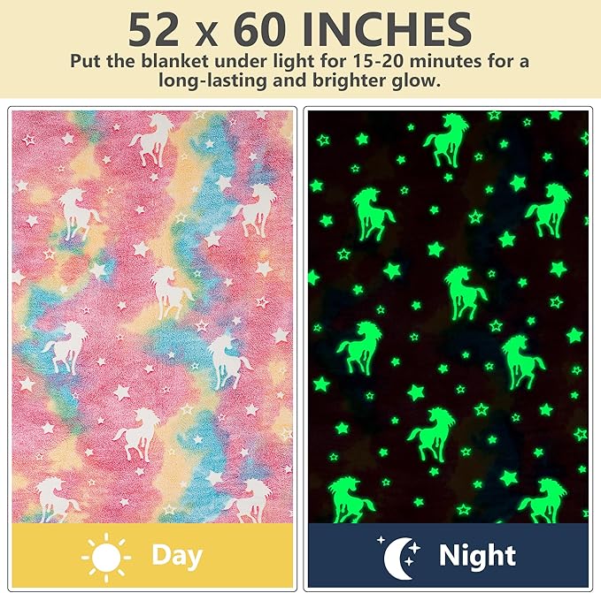 Unicorn Glow In The Dark Wearable Blanket For Girls- Soft Warm 52"X60" Flannel Fleece Unicorn Gifts For Girls Age 8-10, 6-8, 4-6, Hooded Throw Blanket Gift For Kids
