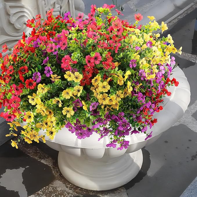 36 Bundles Artificial Flowers Outdoors UV Resistant Fake Plastic Spring Mum Flowers Colorful Silk Plants for Outside Porch Window Patio Home Decor(36, Red, Purple, Yellow, Rose Red)