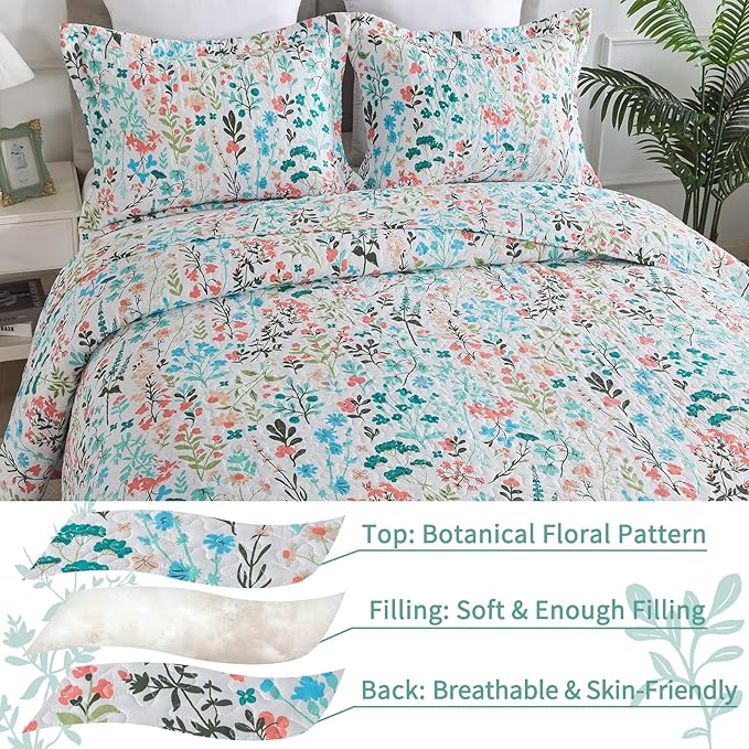 VAPUTAR Queen Quilt Bedding Set-3 Pieces Botanical Quilt Queen Size (90 x 98 inch), Reversible Queen Coverlet with Garden Style Floral Pattern, Bedspread Queen Size Suitalble for All Season.