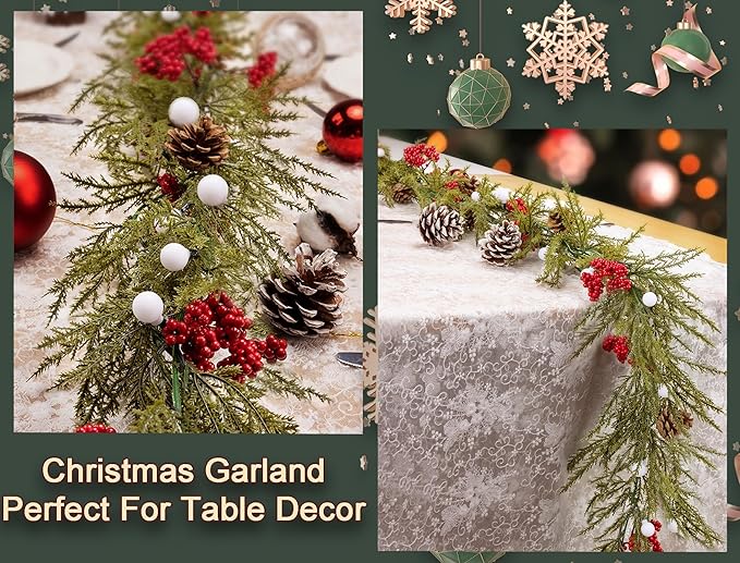 Christmas Garland with Lights, 6FT Artificial Red Berry Xmas Garland and Pine Cones, Battery Operated for Mantle, Front Door, Stairs Railing, Home Holiday, Indoor, Outdoor Decoration
